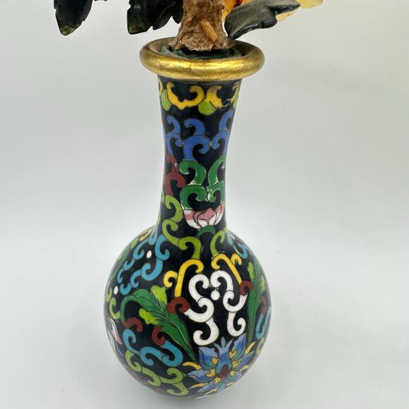 Vintage Chinese cloisonné enamel vase guilloche bird semiprecious flowers tree - Picture 11 of 11